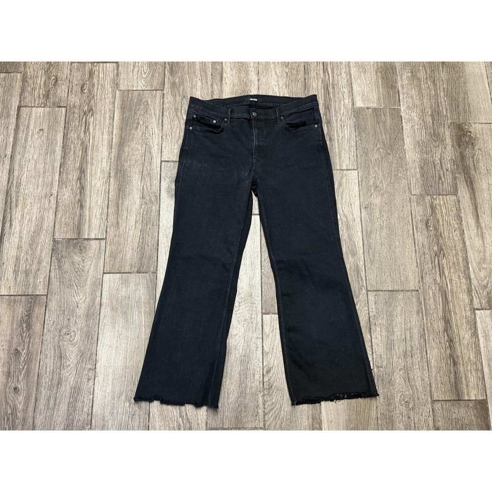 GRLFRND "Joan" Jeans Womens 32x28 Black Frayed Raw Hem Flare Bell Bottom Stretch